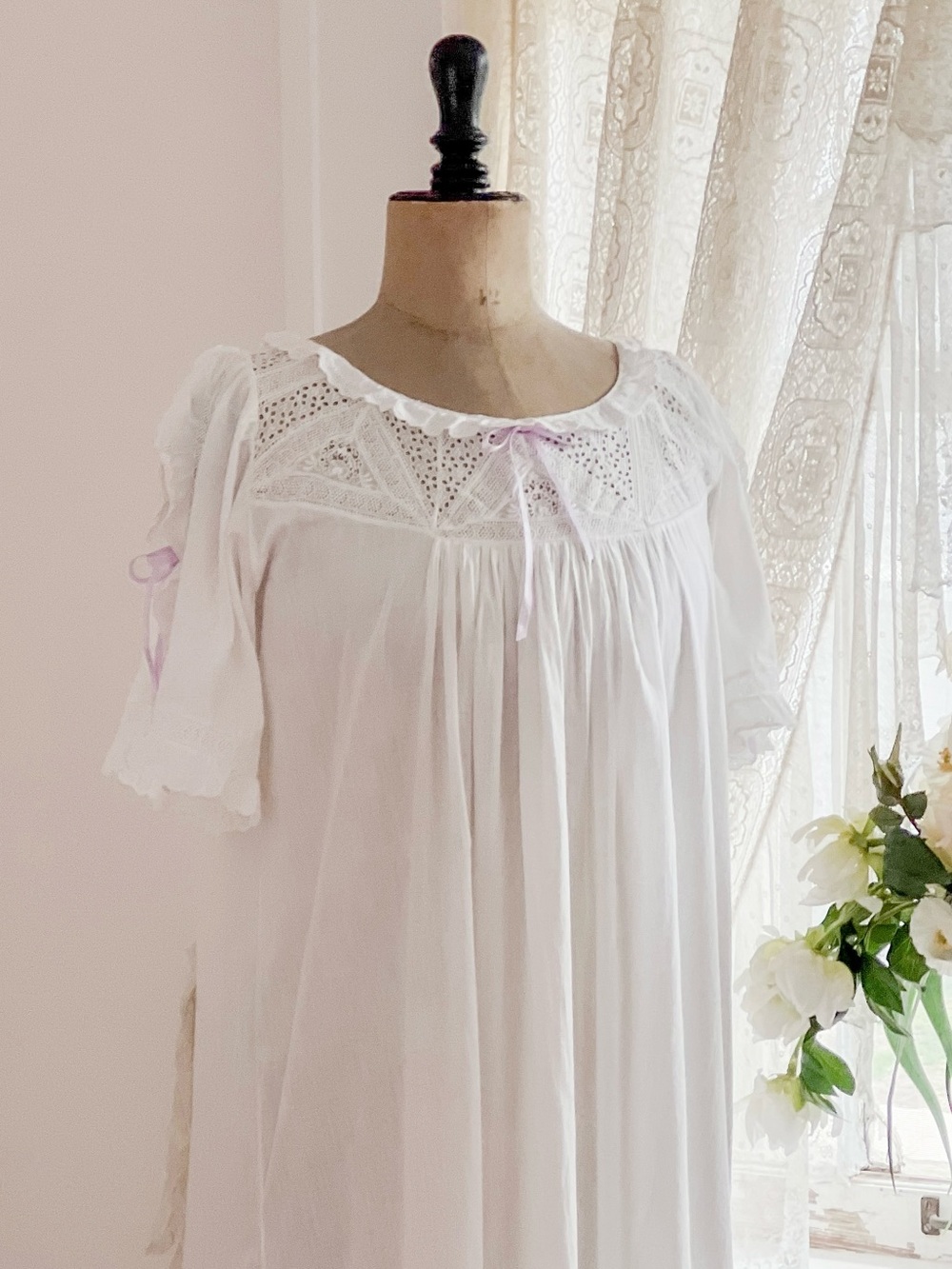 Antique Edwardian Nightgown with Lace Neckline and Lavender Ribbon Size M/L
